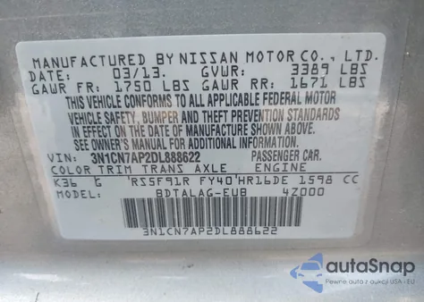 2013 Nissan Versa 1.6 S from USA, damaged, VIN 3N1CN7AP2DL888622